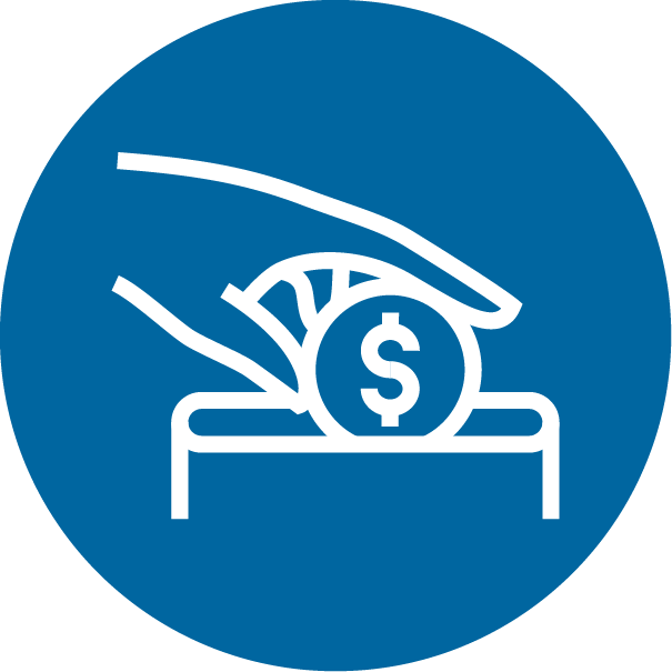 An icon of a hand dropping a coin into a box in a blue circle.