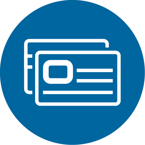 An icon of identification documents in a blue circle.